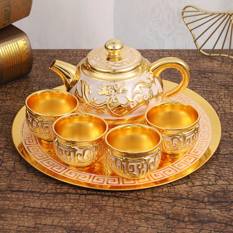 Classical style golden and white tea set, retro and elegant temperament dragon pattern tea set for office and home use