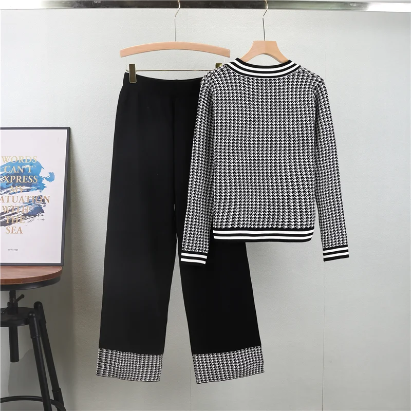 2024  Autumn Knited Two Piece Set Women Clothing Sets Casual Long Sleeve Sweater Cardigan And Wide Leg Long Pants Suits