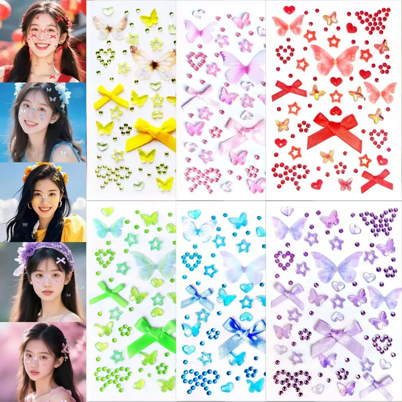 

6 штук 3D-наклеек со стразами, красочные украшения в виде бантиков и сердечек, наклейки ручной работы со стразами, детские наклейки для украшения лица
