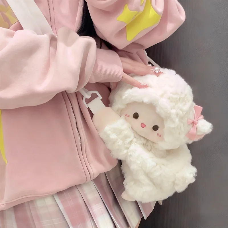 Mochila cruzada de felpa de oveja suave de dibujos animados Kawaii, monedero bonito, pose tumbada, viaje diario, bolso de muñeca versátil a la moda, regalo de vacaciones