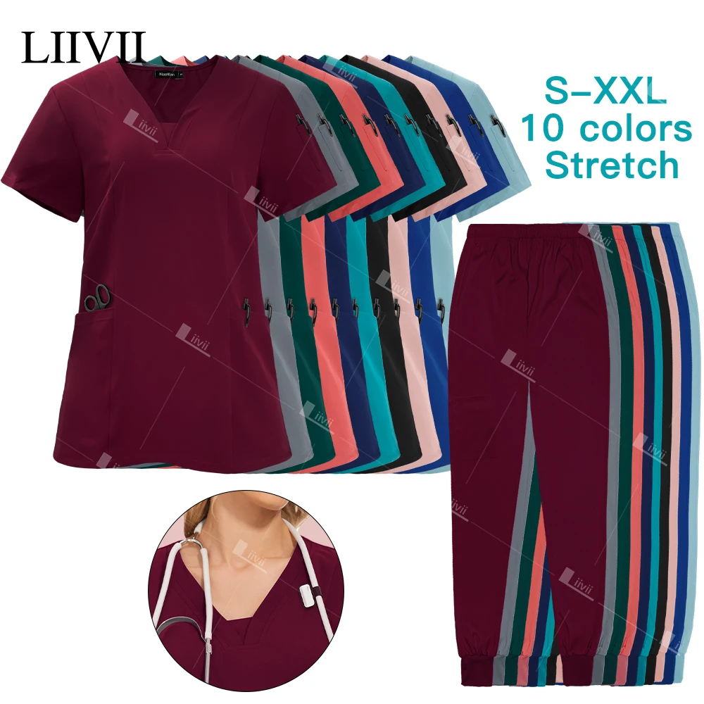 

Medical Scrub Set Women Wholesale Hospital Doctor Dentist Work Clothes Surgical Scrub Top Jogging Pants Multicolor Nurse Uniform