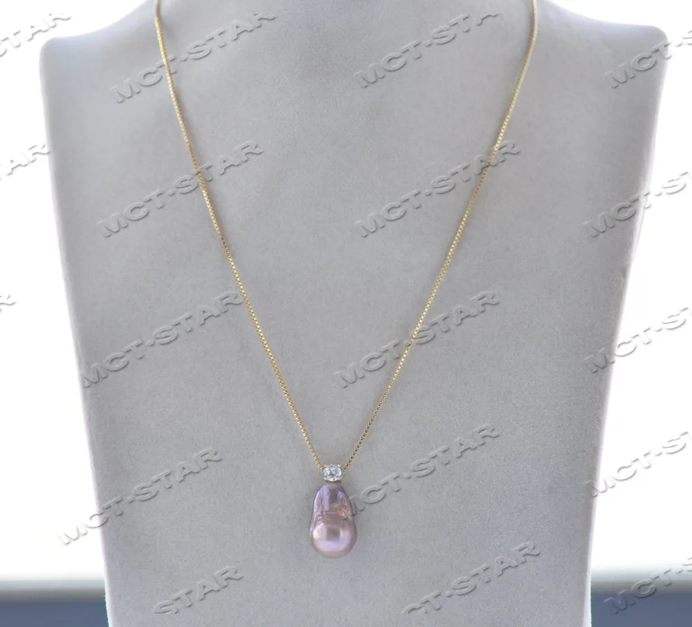 Z12574 A+ 20mm Peacock-Lavender Baroque Keshi Half-Hole Pearl CZ Pendant