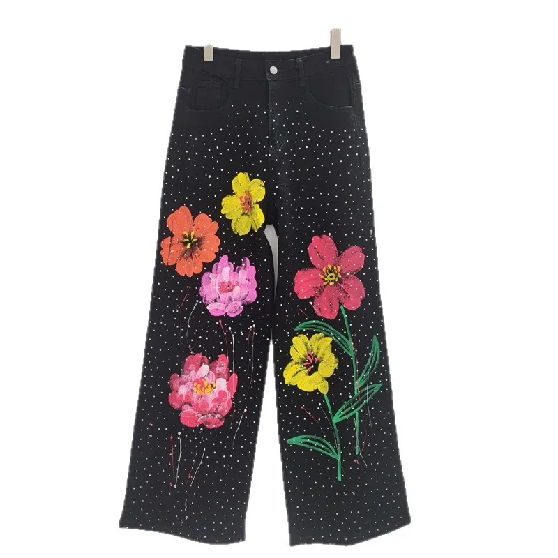 2025 Autumn New Balck Denim Pants Heavy Hand-Painted Flowers Rhinestone Elastic Loose Wide-Leg Jeans for Women Trendy Pants