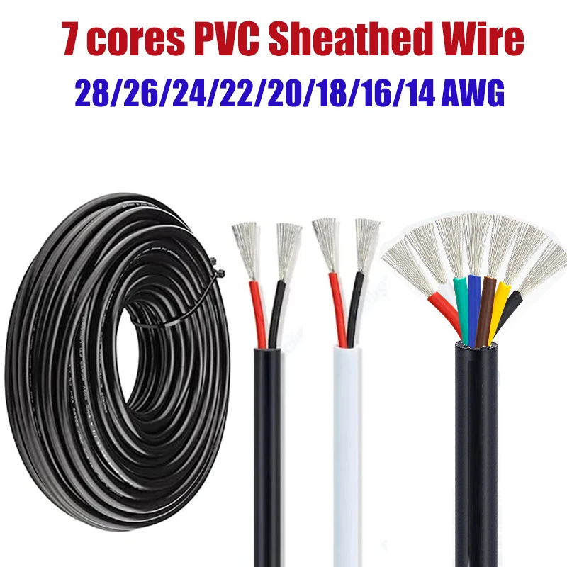 7 Conductors Electronic Sheathed Cable 18 20 22 24 26 28 AWG Flexible Hook Up LED Electrical Wires for Car Truck Trailer Brake