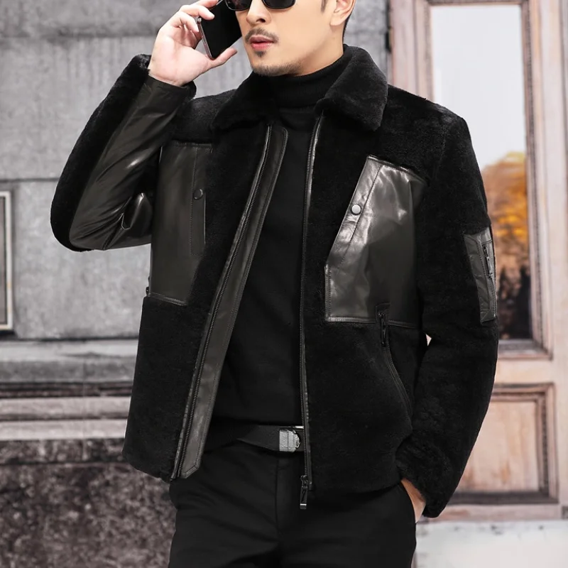 2021 Real Wool Fur Coat Men's Natural Jacket Male Short Black Slim Coats Korean Fashion Abrigo Hombre SQQ725