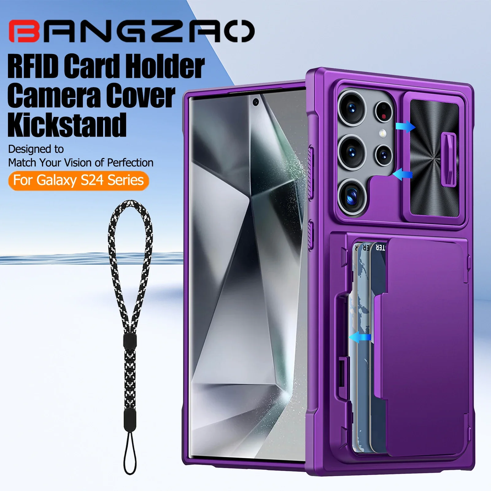 

Подставка для кошелька Galaxy S24 Plus/24 Ultra, держатель для RFID-карт, чехол для камеры, прочный противоударный силиконовый чехол на весь корпус - фиолетовый