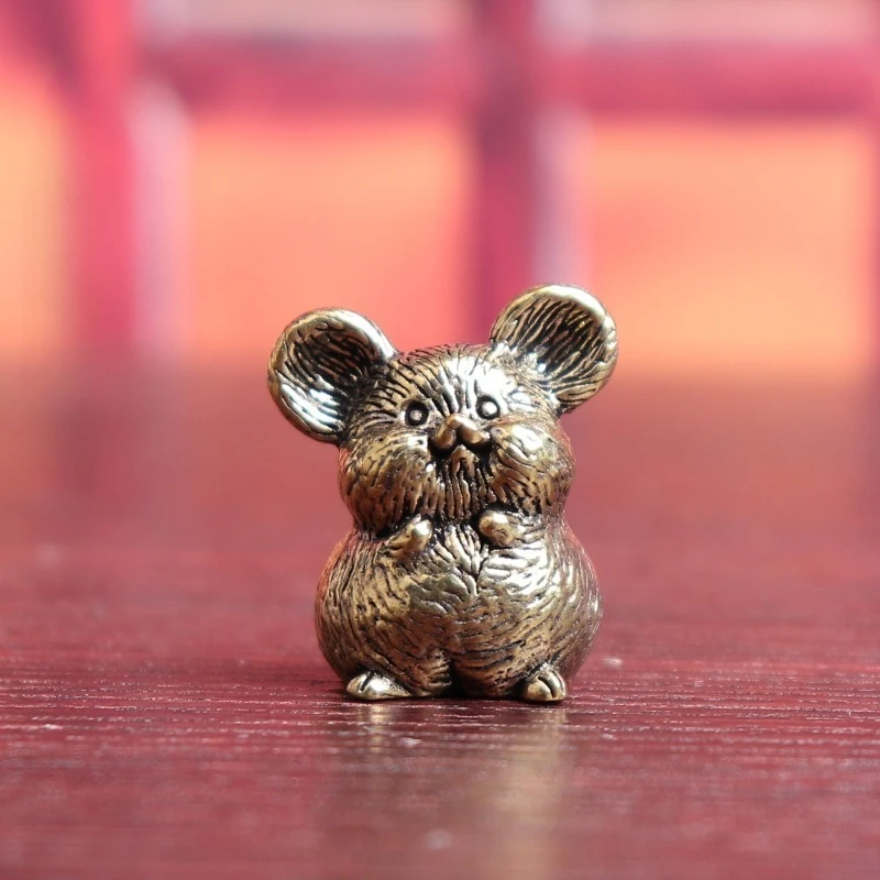 1PC Pure Brass Zodiac Rat Figurine Cartoon Mouse Vintage Decor Old Object Desk Tea Pet Craft Ornament Cute Cartoon Animal Statue