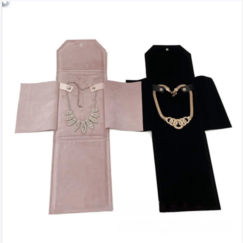 Jewelry Necklace Display and Storage Square Bag Pink Velvet Pearl Necklace Packaging Roll Bag Black PU Leather Pendant Bag