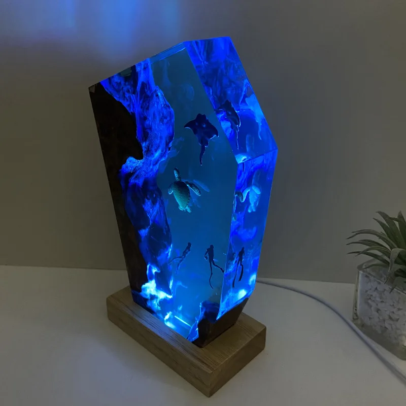 Premium Clear Ocean Resin Night Light, Wood Base Mood Lamp, Christmas Birthday Gift