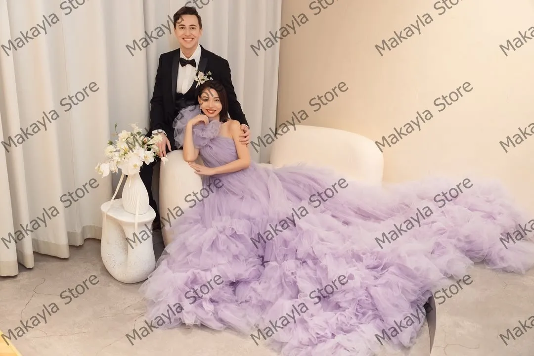 Robe de mariée asymétrique épaule dénudée en tulle lavande, jolies couches à volants, maille bouffante, robes pour occasions spéciales, robes de bal longues et moelleuses et luxuriantes
