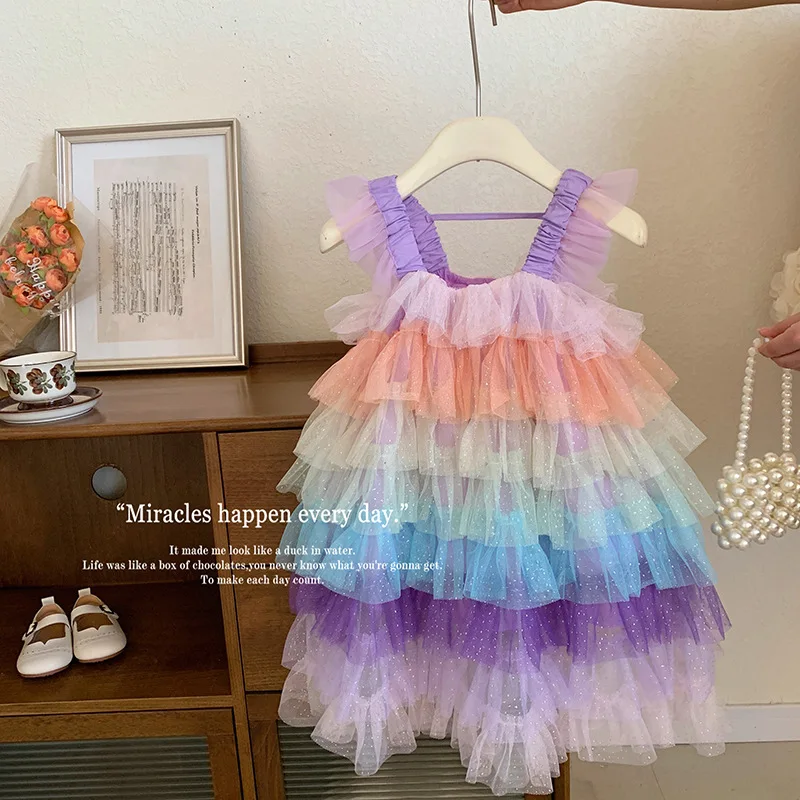 Girls Casual Dresses Rainbow Pompadour Dress Cake Dress Kids Dresses for Girls Kids Clothes 2 To 7 Years Wedding Dress