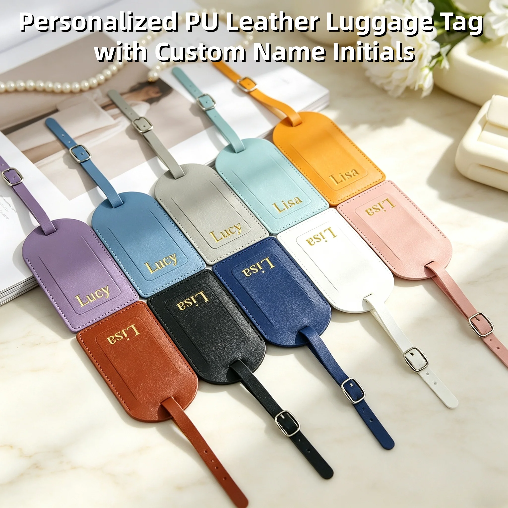 Customized Letters Smooth PU Leather Classic Ultra-Thin Travel Aviation Luggage Tag Gold-Foil Anti-Lost Signature Luggage Label
