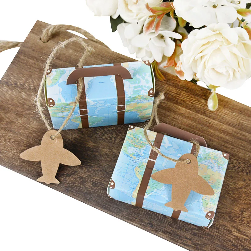 10Pcs Party Favor Candy Box, Vintage Mini Suitcase Favor Box, Kraft Paper With Tags And Burlap Twine For Travel Themed Party