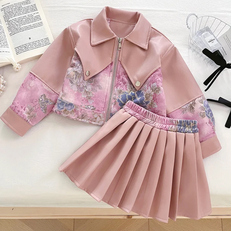 

Girls Suit2025Spring New Girls' Leather Jacket and Pleated Skirt Two-Piece Set Wholesale