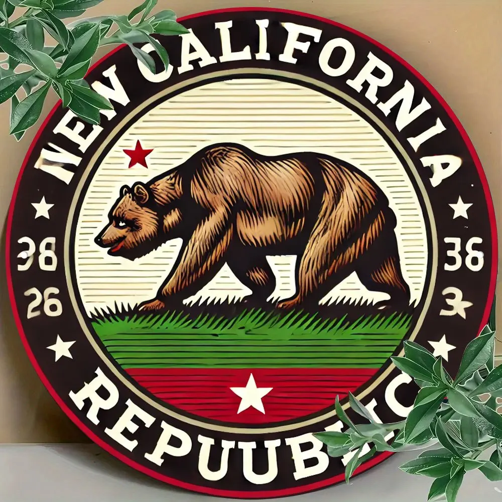 1 Vintage-inspiriertes „New California Republic“-Bärenemblem, rundes Metallschild – 20,3 x 20,3 cm große Aluminium-Wandkunst, perfekt für drinnen und draußen