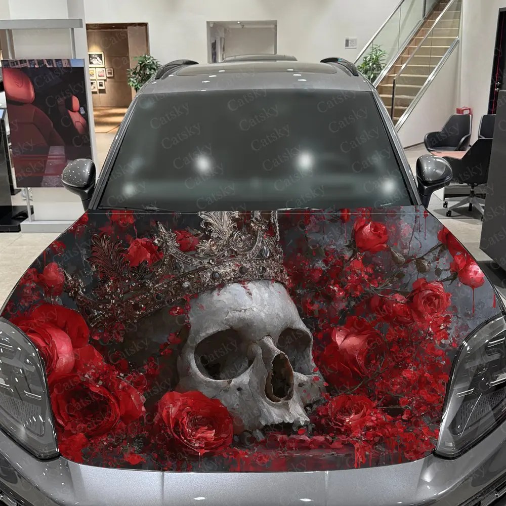 غلاف فينيل للسيارة على شكل جمجمة وردية، ملصق غطاء محرك السيارة المقاوم للماء من مادة PVC، ملصقات ذاتية اللصق مقاومة للخدش لتغطية المحرك