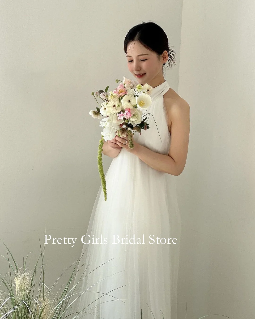 OEING High Neck Korea Garden Wedding Dresses Sleeveless Tulle 프롬드레스  Beach  Elegant Backless Bride Growns Party Women