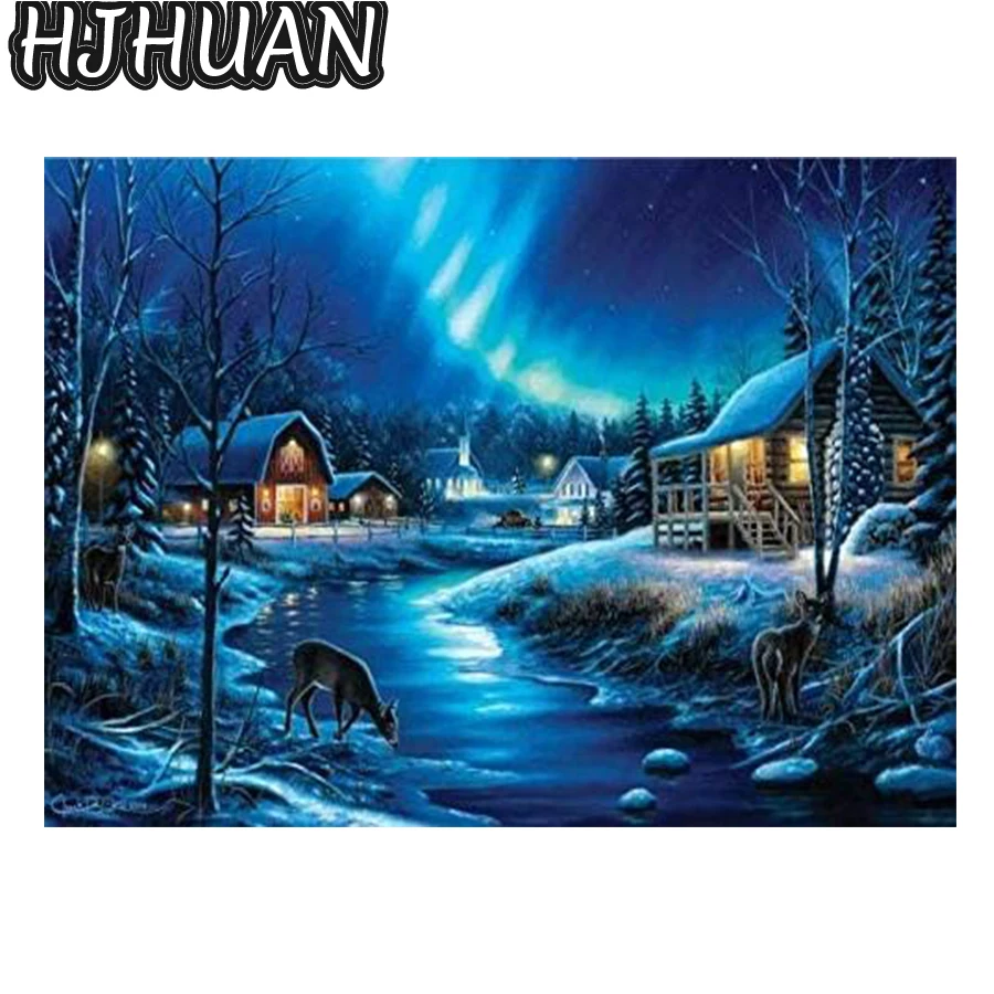 5D DIY Diamond Painting Winter snow house sheep river Cross Stitch Full Drill Embroidery Pictures Of Rhinestones Gift Home Decor