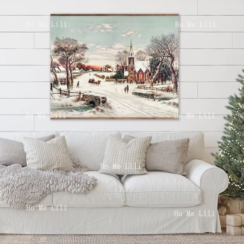 Christmas Wall Art Farmhouse Snow Covered Winter Village At Night Painting Canvas Print Over Mantel Holiday Decor