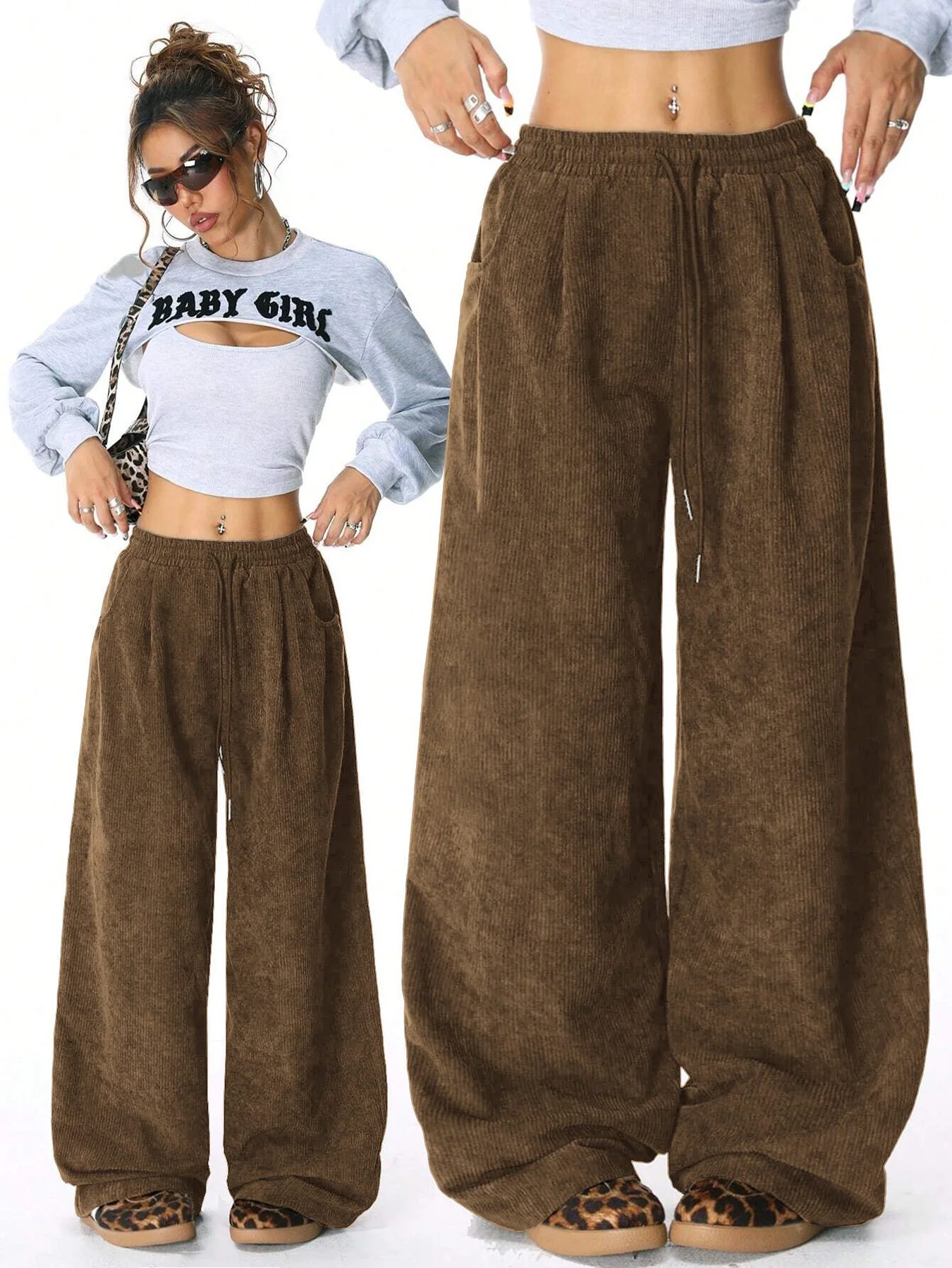 Damen Retro Cord Cargo-Hose Lässige Kordelzug Gerade Sporthose Fließende Alltags-Pendlerhose mit Weitem Bein – Detail 27