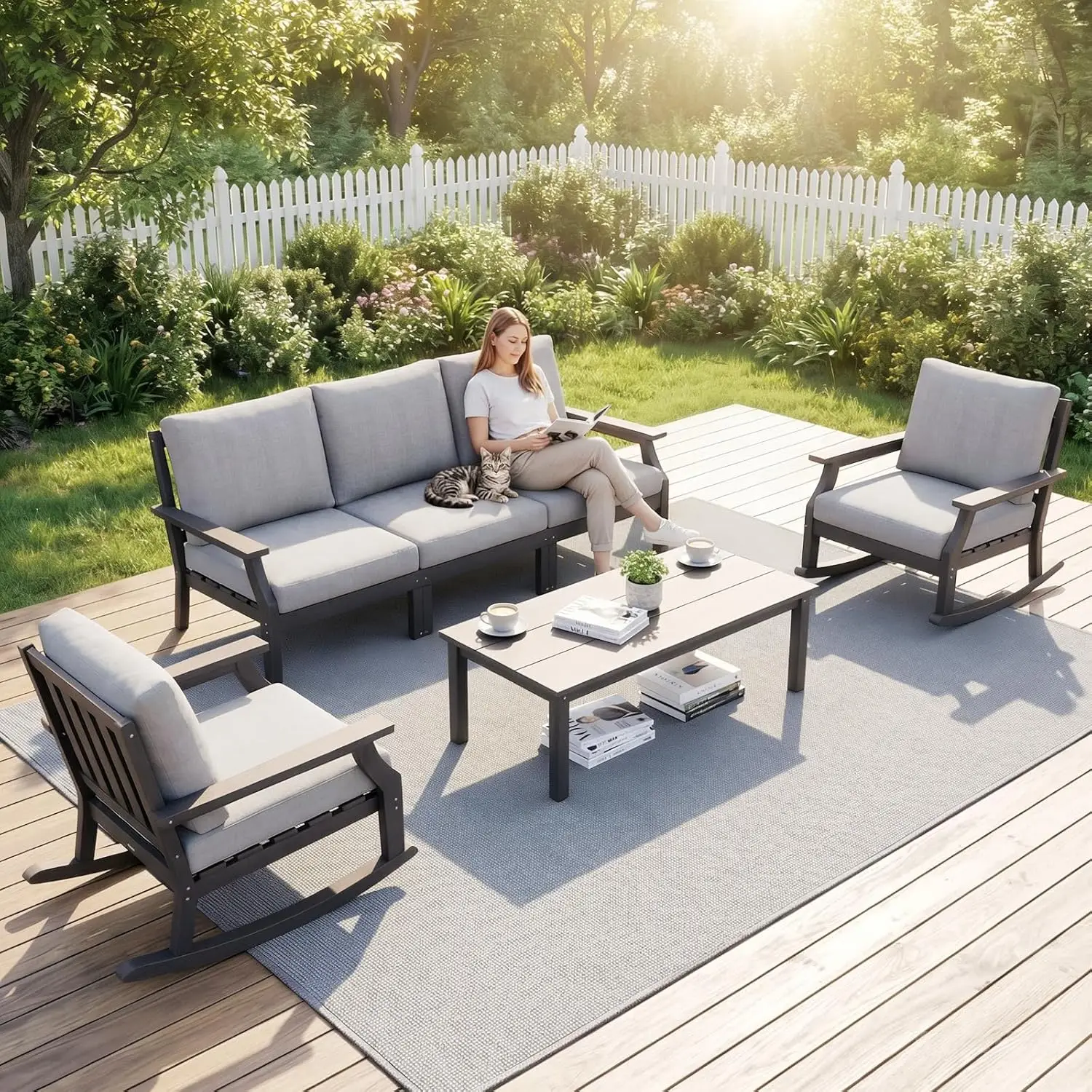 

6-Piece HDPE Patio Conversation Set All-Weather Outdoor Furniture w/ 2 Rocking Armchairs Cushion Gray for Deck Lawn, Customized