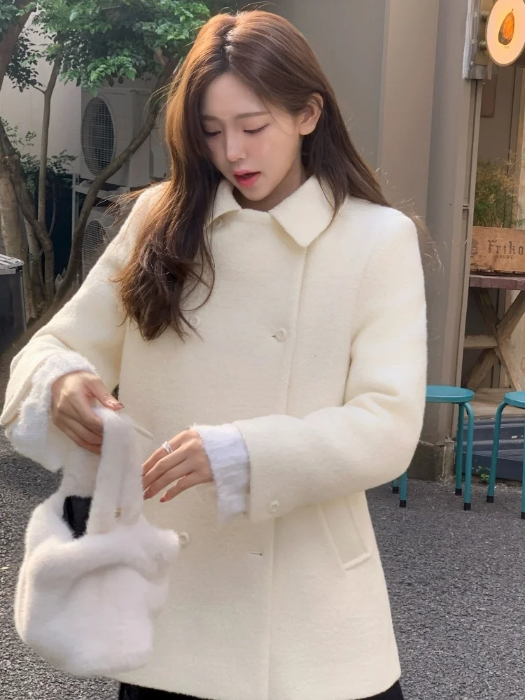 Ele White Woolen Coat for Women Korean Sle Vintage Lapel Double Buttoned Outerwear Mid-Length Loose Fit Winter Faion