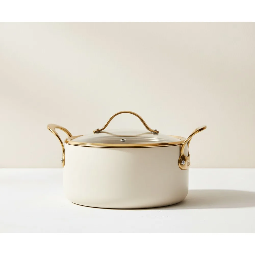 

6 Quart Heavy Duty Aluminum Dutch Oven Pot with Lid - PFA Free Ceramic Nonstick - Almond Cream Gold Handle