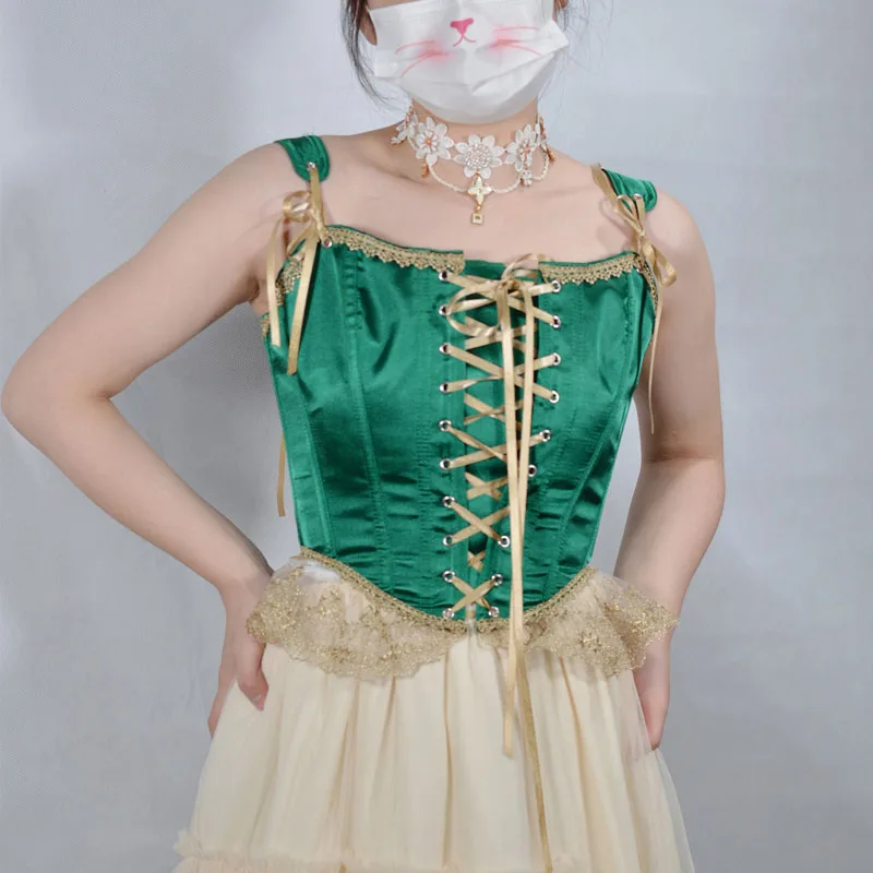 

Fashion Women's Overbust Corsets and Bustiers Green Lace Up French Style Sweetheart Corset Tops Body Shaper XXS-3XL