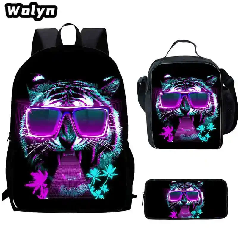 Conjunto de 3 piezas, mochila escolar con estampado de tigre en 3D, fiambreras, estuche para lápices de grado 1-3, mochilas escolares grandes con estampado de animales para niños y niñas