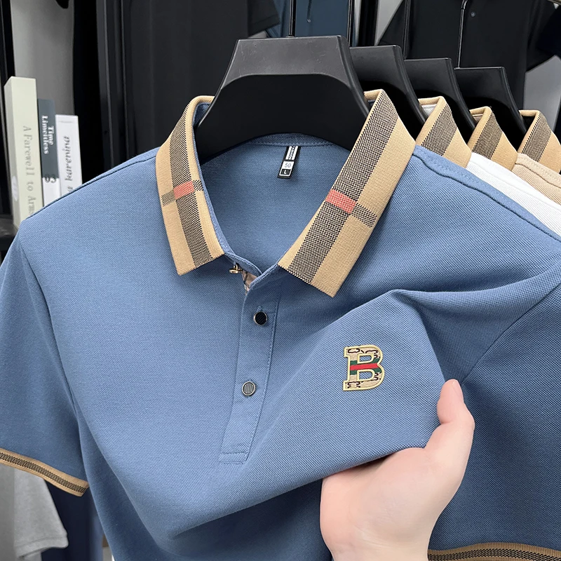 Men's new cotton polo shirt breathable soft luxury versatile short sleeve business work casual golf premium pattern sequined tee