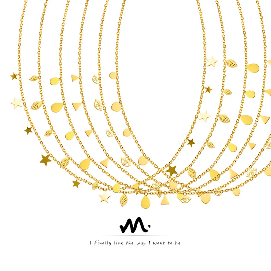 CSJA Stainless Steel Choker Gold Color Chain Necklace Heart Moon Star Charm Link Necklaces for Women Jewelry S762