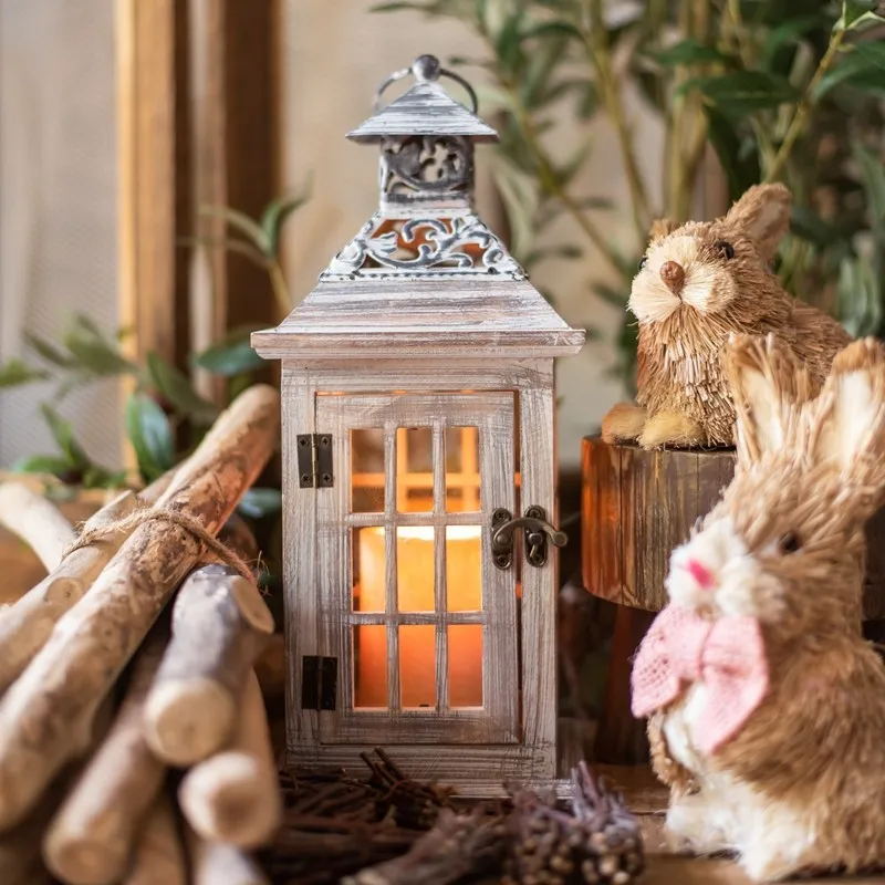 JK Mu Space, European-style old iron brush white horse lamp, wooden windproof glass floor-to-ceiling wind lamp, wedding props