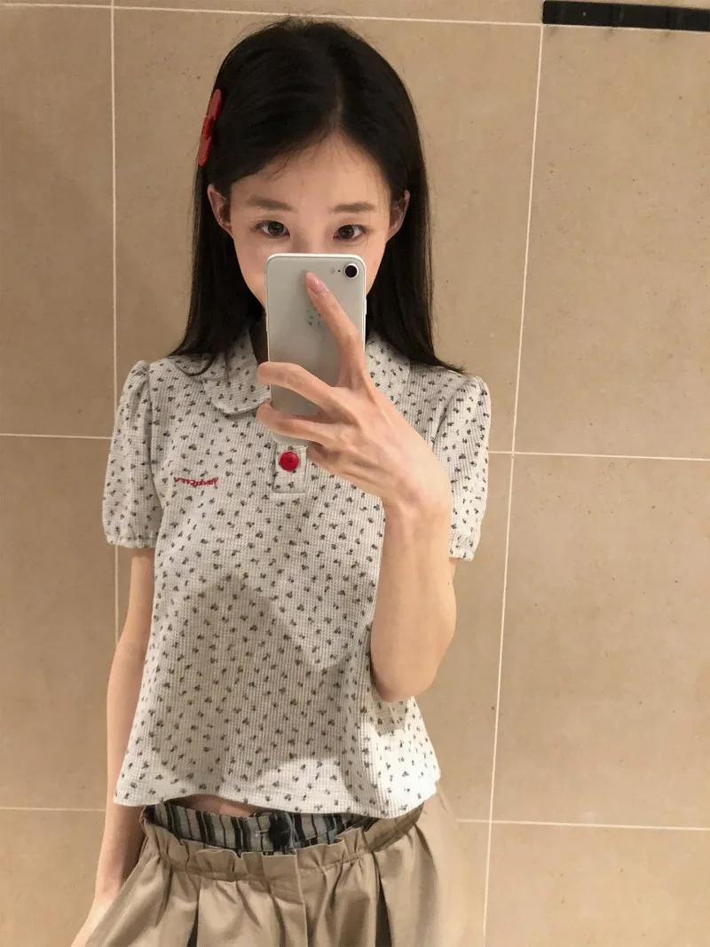 Harajuku Japanese Peter Pan Collar Short Sleeve Girl T Shirts Y2k Sweet All Match Casual Clothes Cute Flower Print Casual Tops