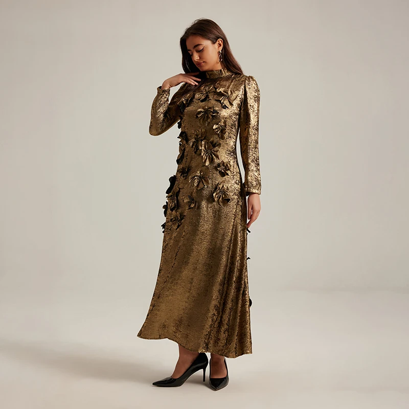 Luxury Runway French Autumn Golden 3D Floral Appliques Party Long Dress Elegant Women Stand Collar Lace Up Evening Robe Vestidos