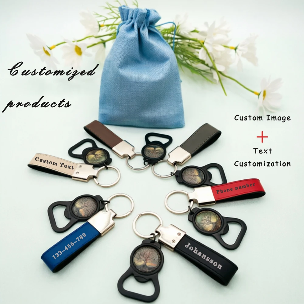 Custom Photo Keychain with Bottle Opener, Personalized Leather Keyring with Engraved Text, Customized Picture Key Holder for Men