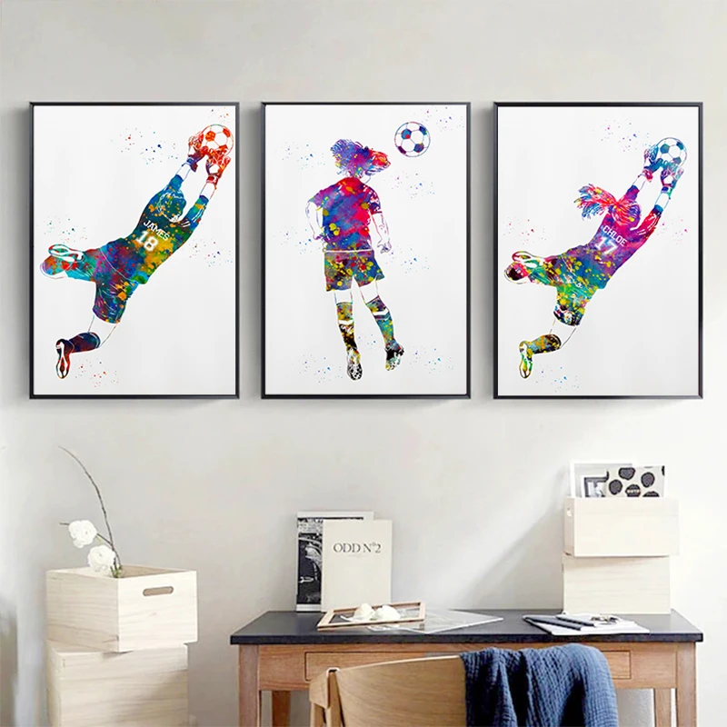 Watercolor Football Player Poster Goalkeeper Striker Canvas Painting Modern Wall Art Picture Study Home Decor Gifts for Fans