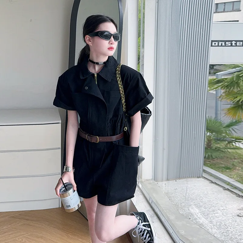 

Teenager Girl Overalls 2025 Summer Children Clothes Korean Lapel Short Sleeve Girls Romper Fashion Kids Jumpsuit