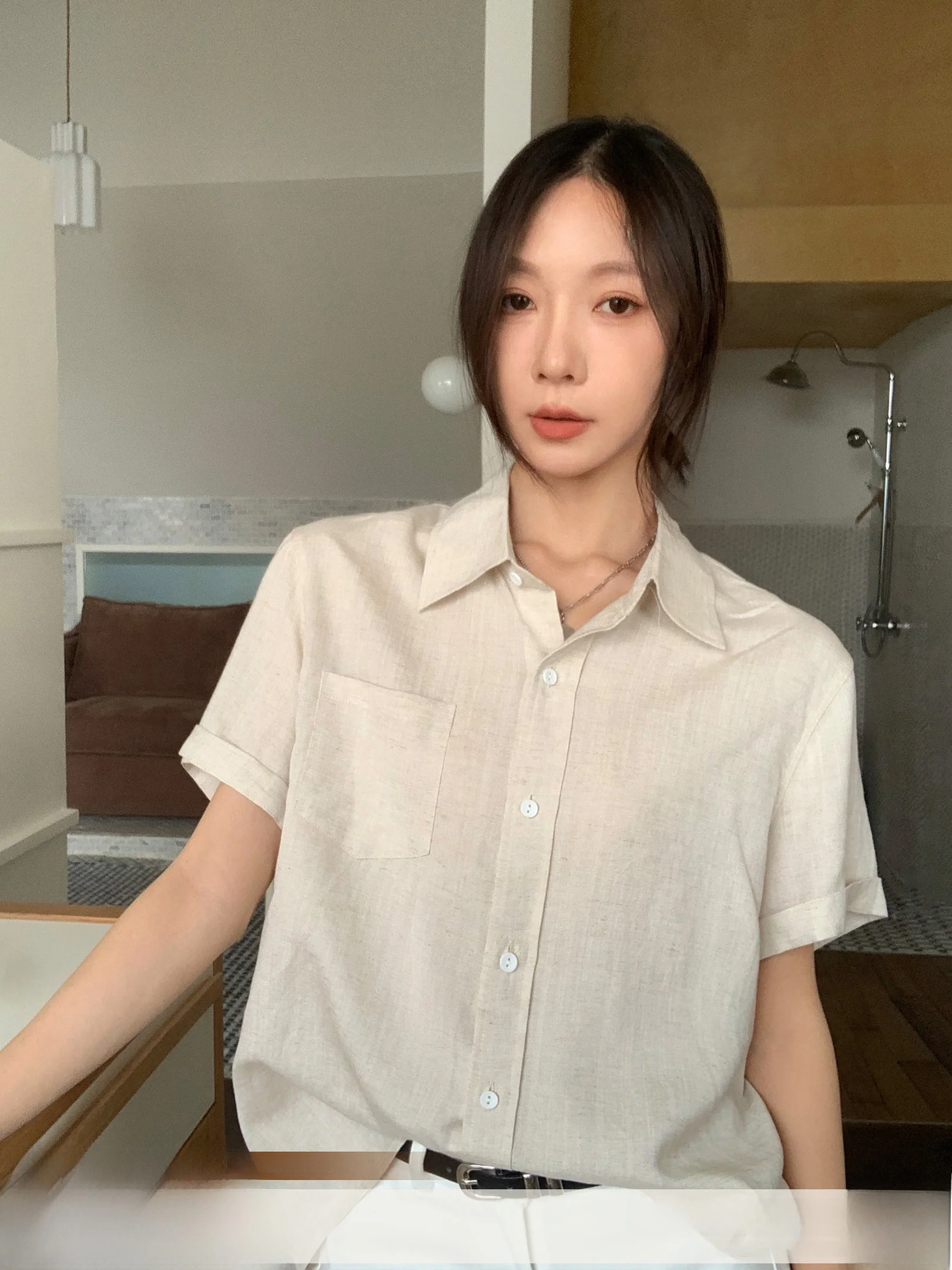 

Linen Blend Loose Fit ort Sve irt Casual Sle Pure Color Breathable Women's Outerwear Korean Aesthetic Versatile irt