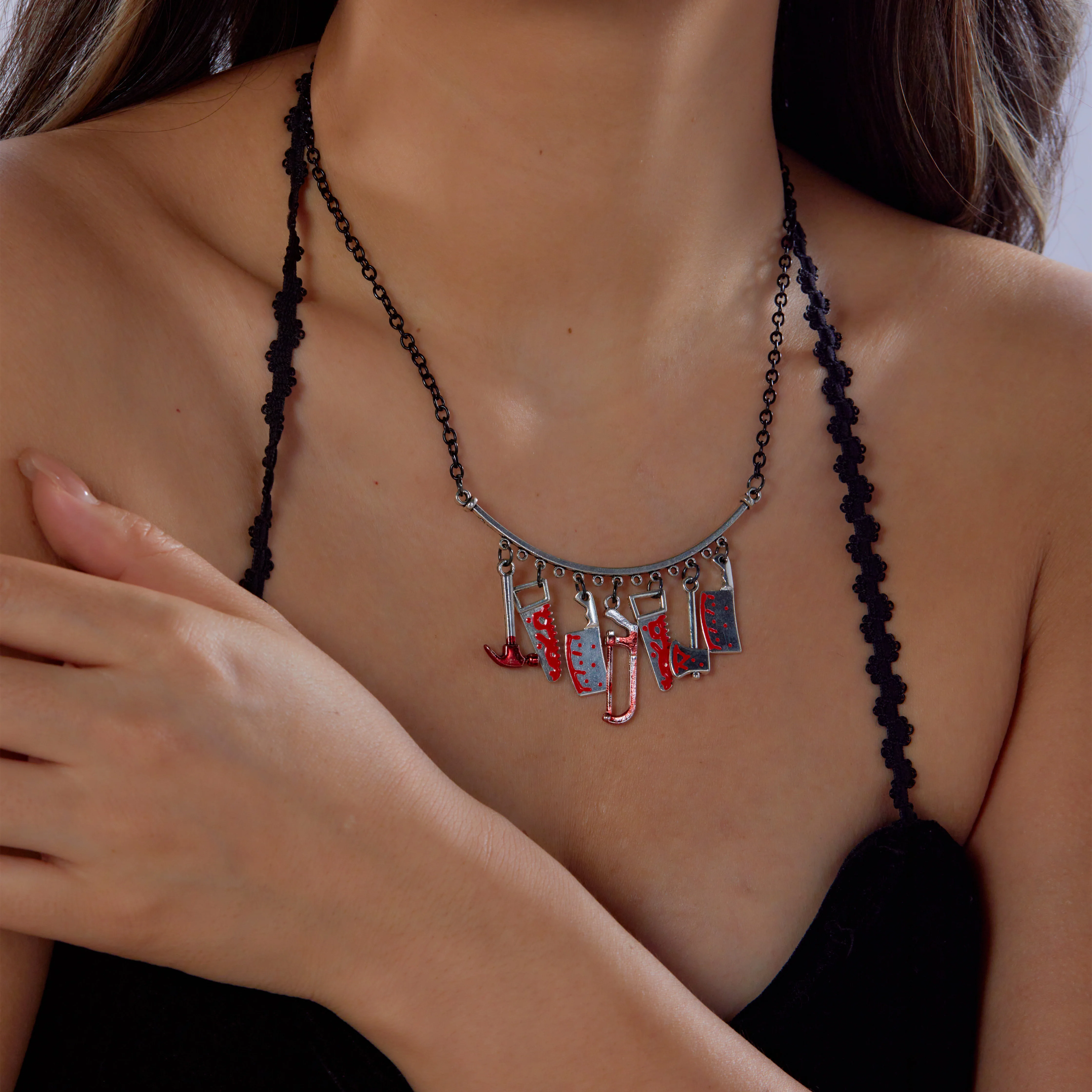 Terrifying Blood Red Swords Axes Pendant Necklace for Women Men Y2K Metal Chain Necklace Charms Halloween Jewelry Accessories