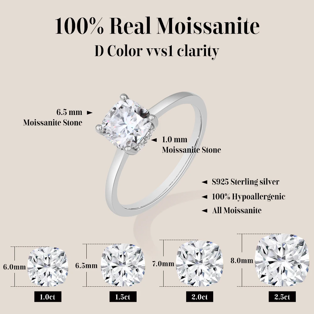 ATTAGEMS Cushion Cut 1.5ct 2.5ct Moissanite Ring DVVS1 925 Silver 18K Gold Plated For Women Engagement Wedding Band Fine Jewelry