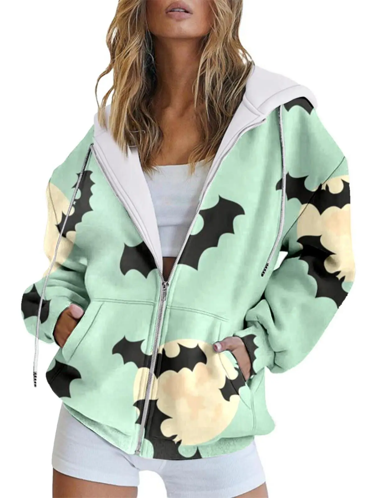 Light Colored Series Christmas Element Pattern Trendy Long Sleeved New Women's Hooded Zipper Jacket HoodieMC4