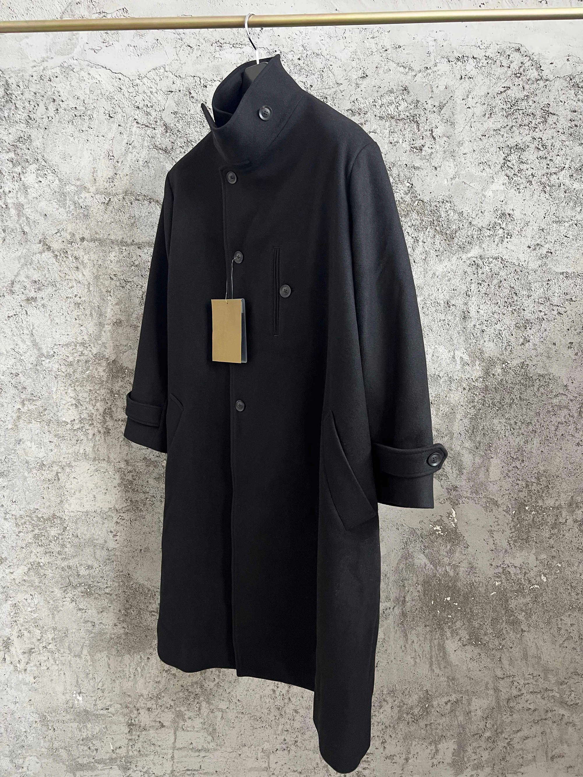 معطف TOP-YAMAMOTO بتصميم أصلي بلون سادة وياقة واقفة وصدر واحد 23AW أنيق ومتعدد الاستخدامات #4