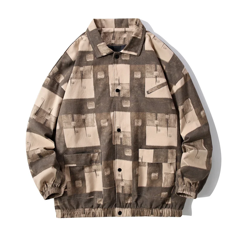 

2024 New Autumn Fashion Jacket Men Grid Printing Turn-down Collar Vintage Cotton Jackets Coats Casual Oversized Tops Clothing