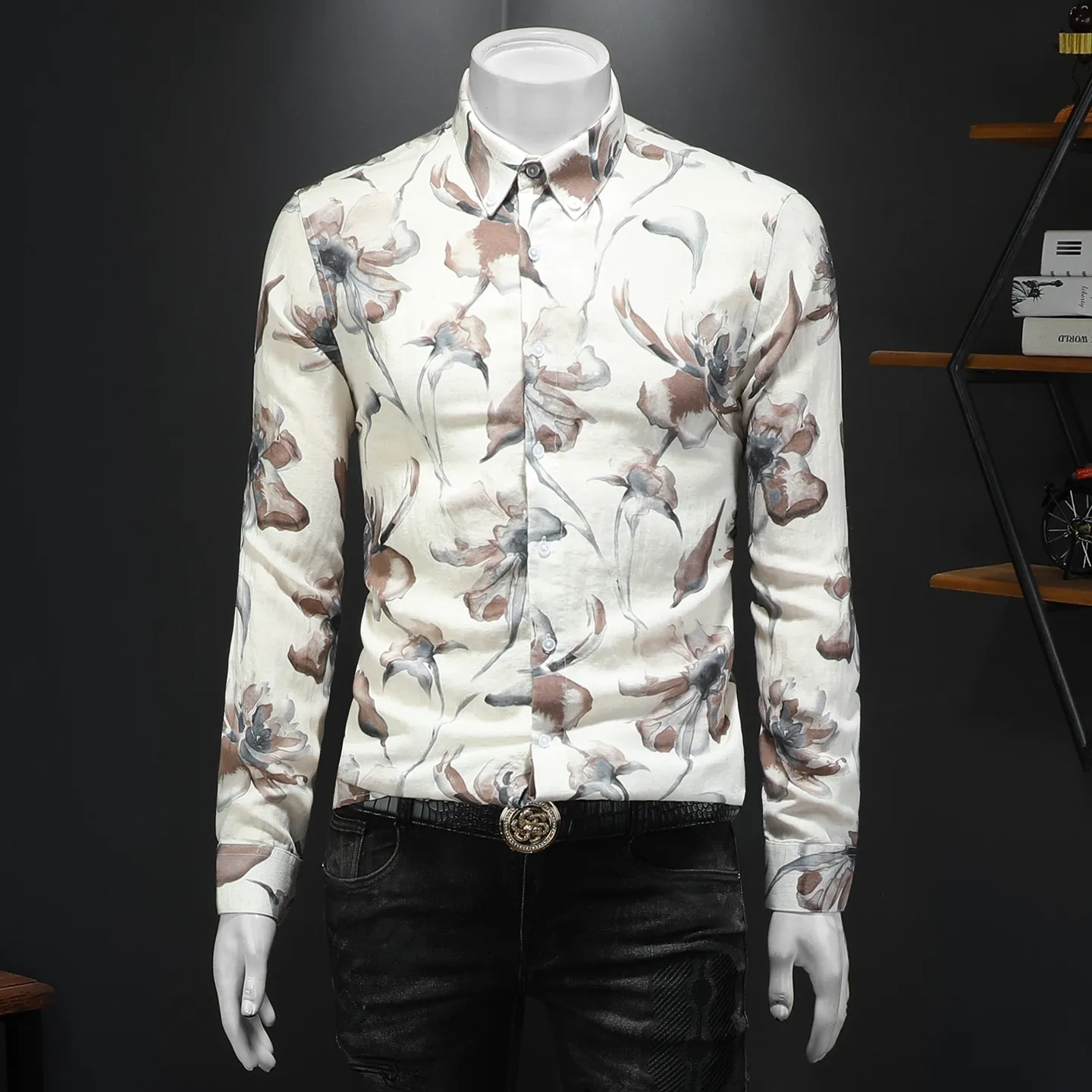 

Мужская рубашка с 3D-цветочным принтом, длинный рукав, модная повседневная деловая рубашка, роскошная универсальная одежда для мужчин, уличный стиль