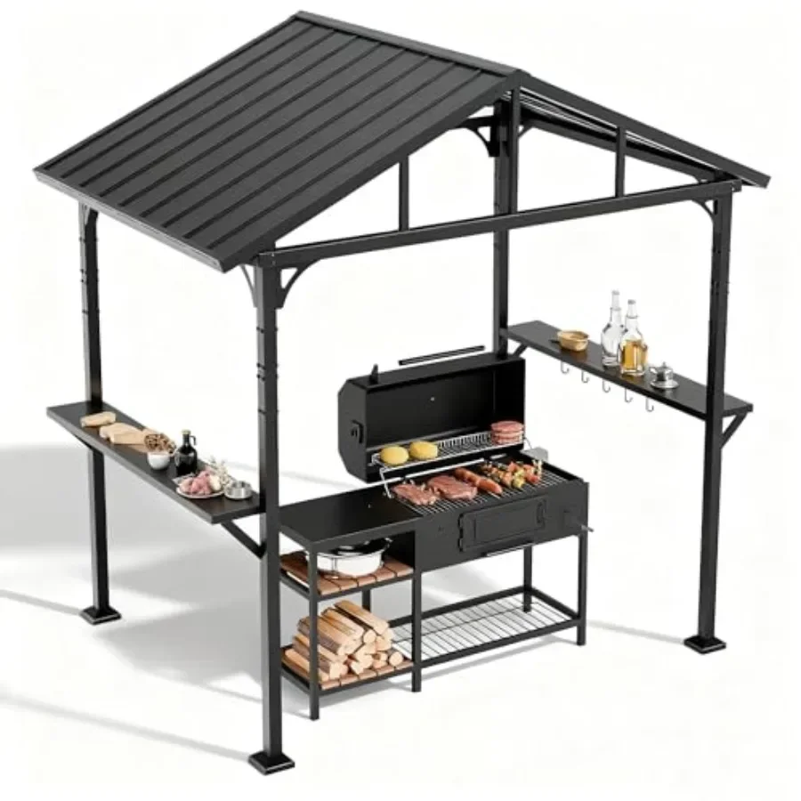 8' x 5' Hardtop Grill GazeboOutdoor BBQ  Shelter with 2 Side Shelves and 5 Side Hooks Patio Pavilion with Galvanized Steel Roof