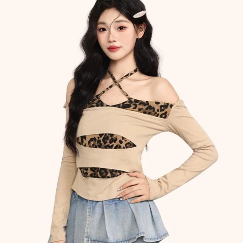 

Kawaii модные топы для девочек, студенческая повседневная женская одежда с героями мультфильмов, женская футболка с длинным рукавом и принтом дикого леопарда в стиле пэчворк