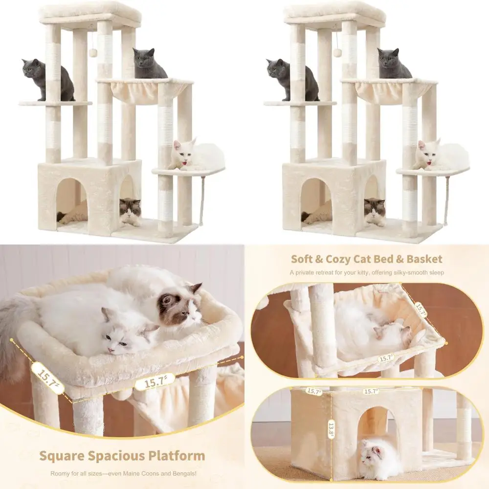 

Sturdy Large Cat Tree Tower for Adult Cats with Multi-Level Furniture, Scratching Posts, Hammock, and Toy Balls - Beige