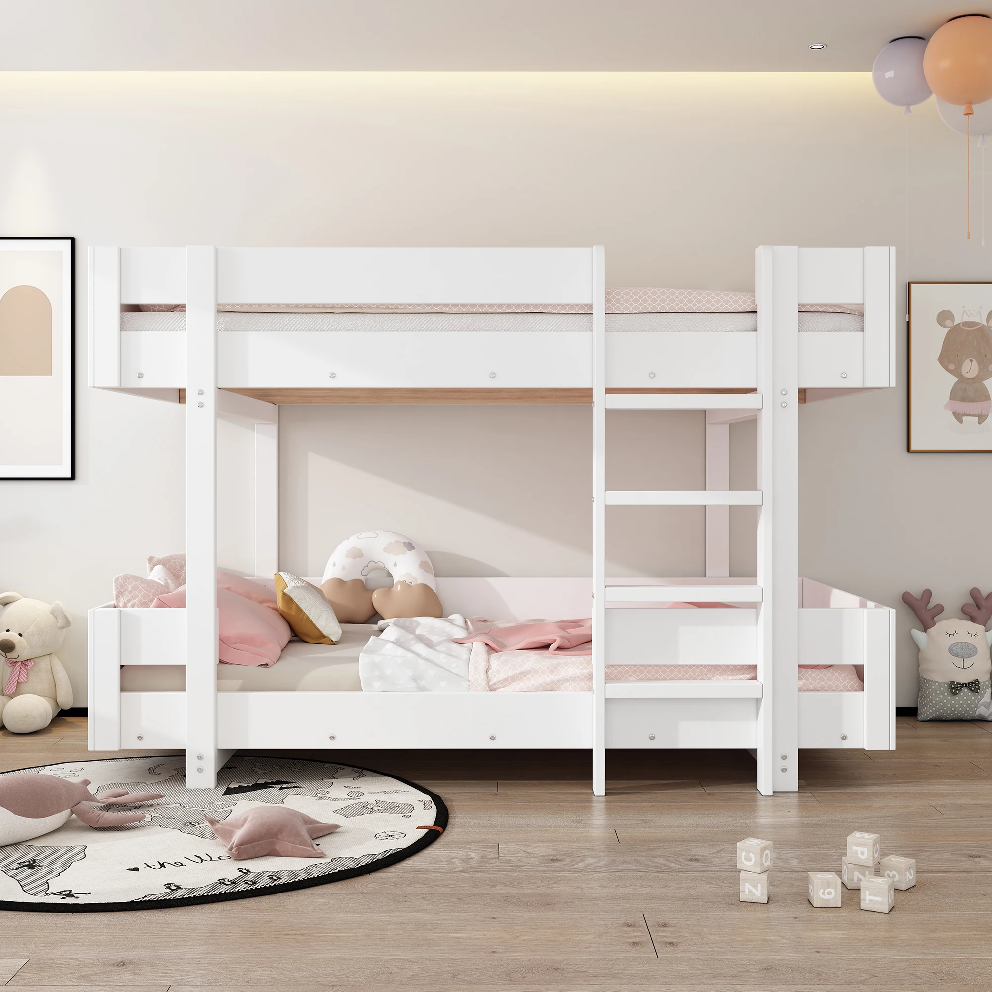 Children's bunk bed, Double bed, With stairs, Simple design, Reinforced railing, Without mattress, 90x200 cm, White