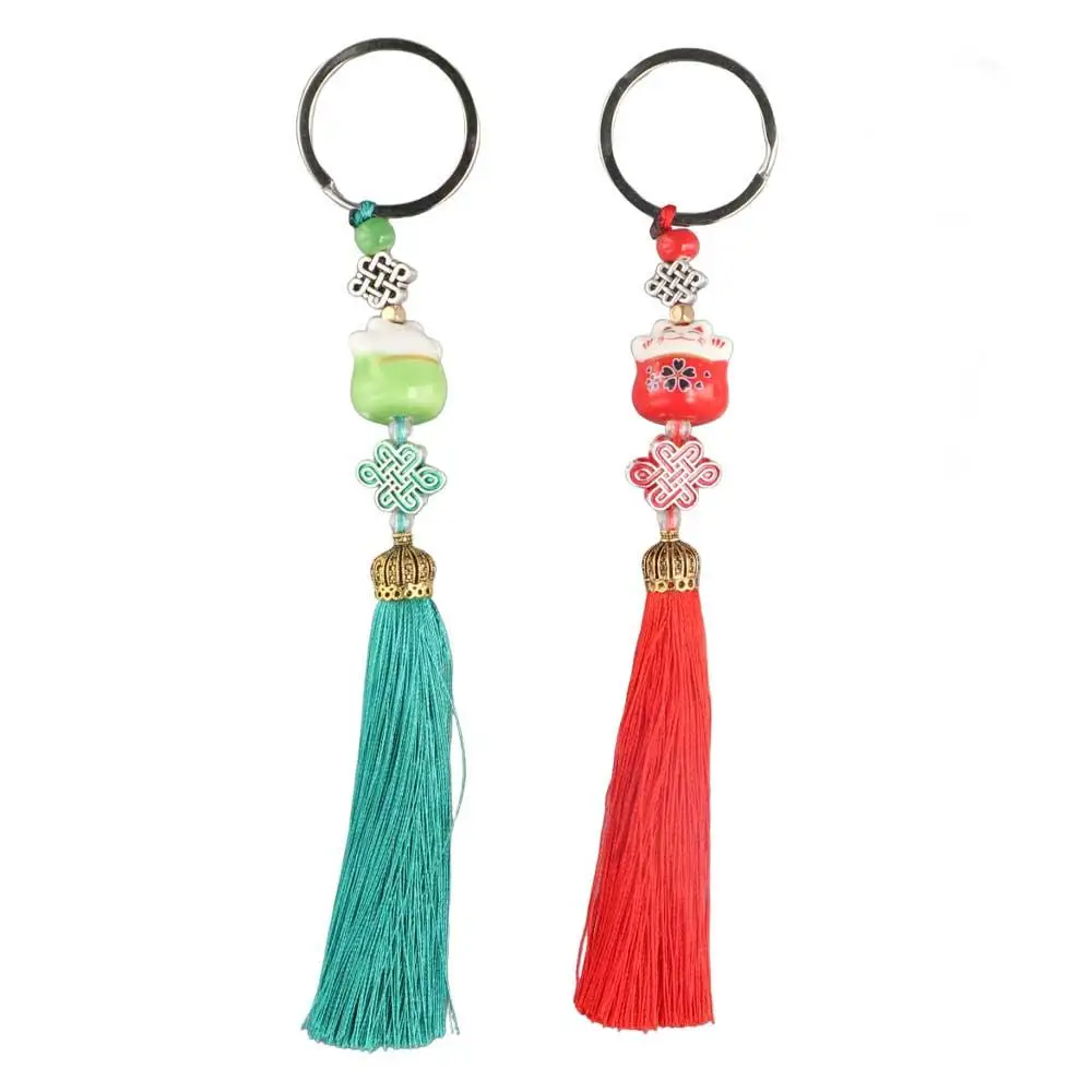 حقيبة سحر قلادة الصينية عقدة عشوائية شرابة محظوظ القط المفاتيح النسيج سلسلة مفاتيح مفتاح حامل محظوظ القط كيرينغ #1