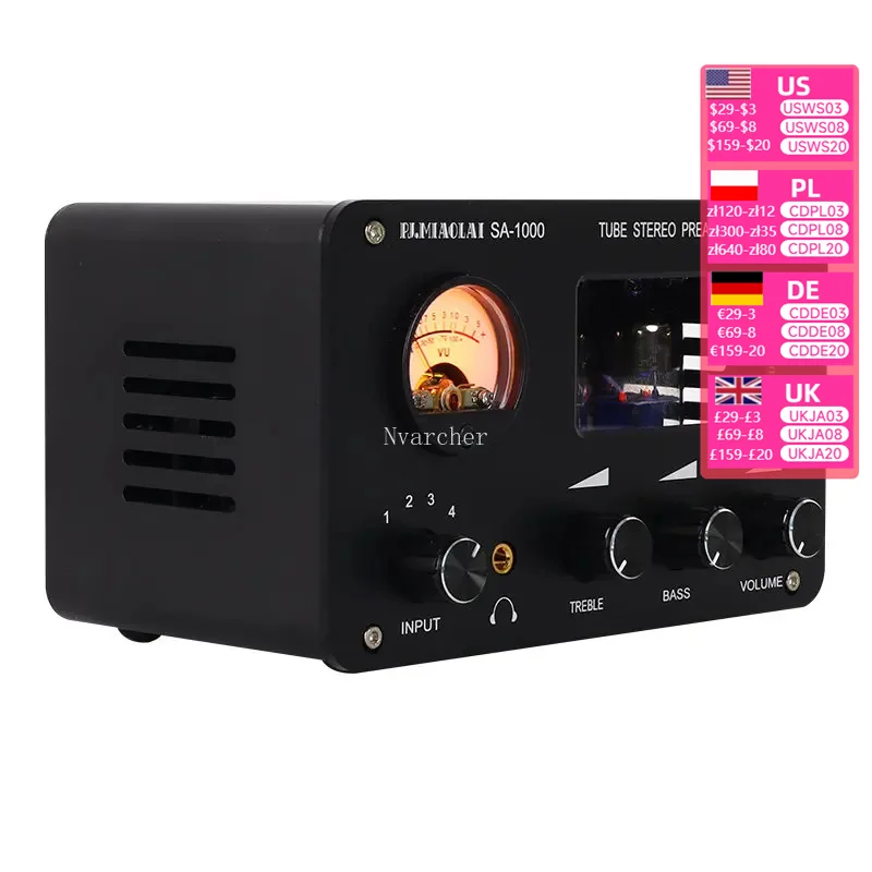 Nvarcher HiFi 6H3N tube bile preamp Audio 4 in 2 out lossless audio switching Stereo Amplifier With VU meter Volume Control